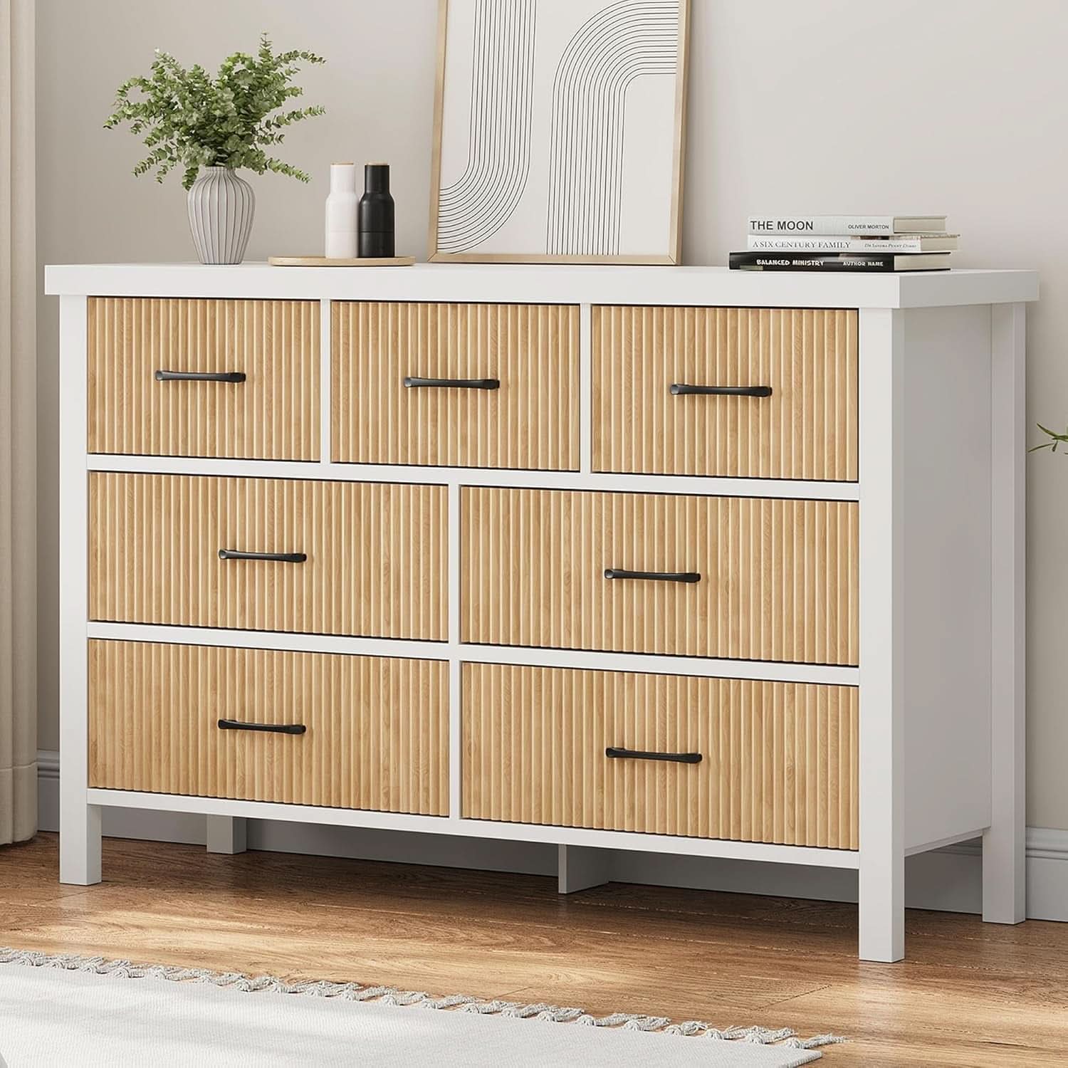 White 7 Drawer Fluted Dresser With Wood Legs For Bedroom