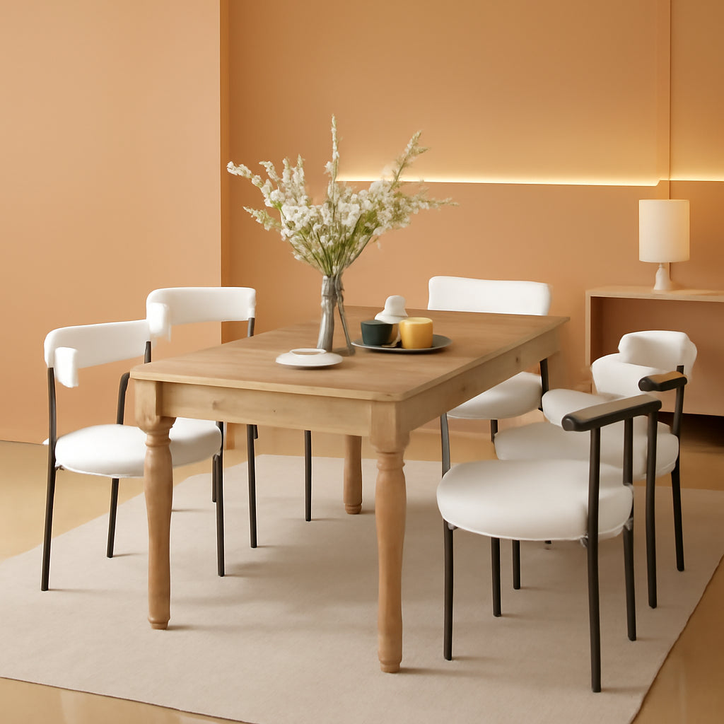 White Boucle Dining Chairs Set Of 4 With Curved Backrest For Kitchen