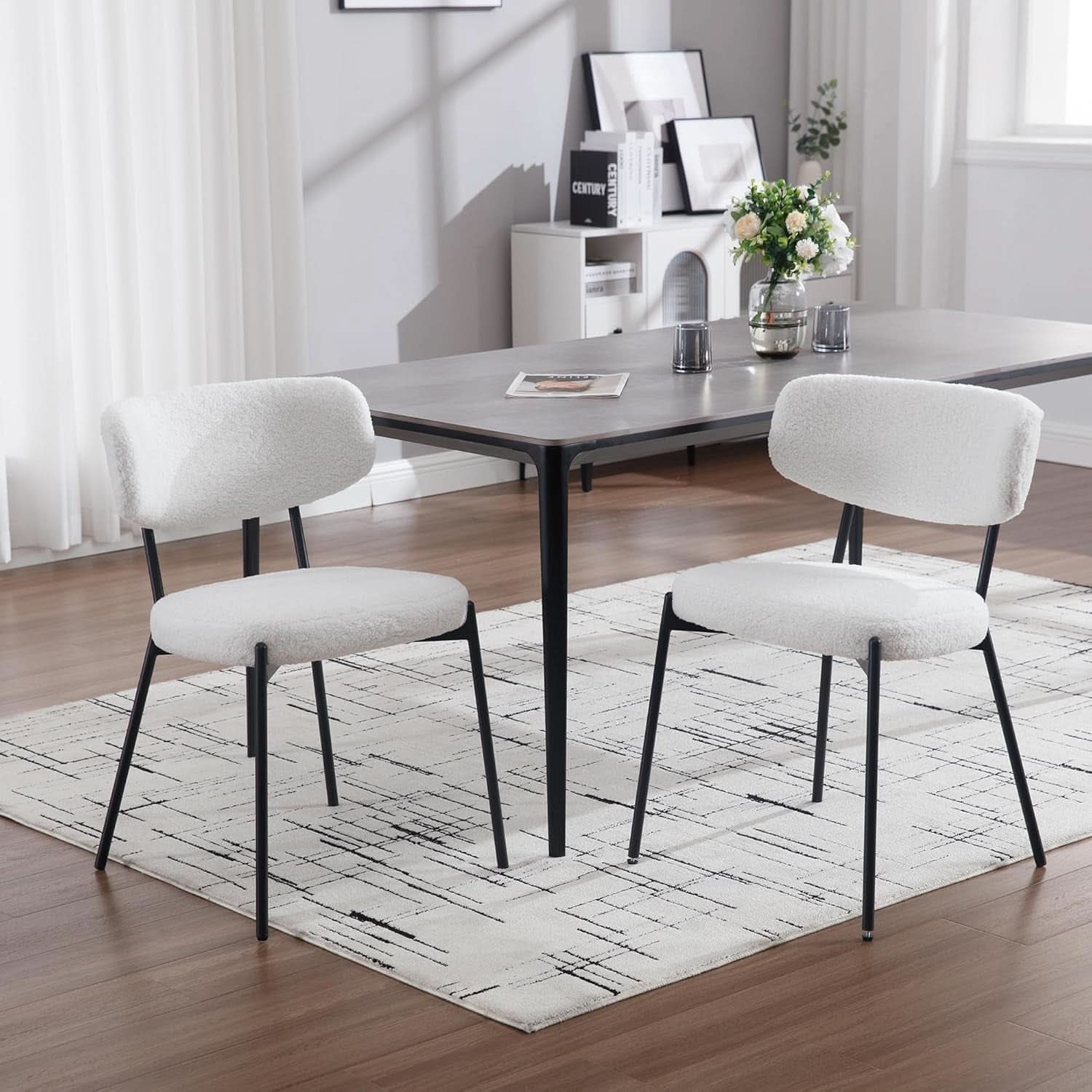 White Boucle Upholstered Dining Chairs Curved Back