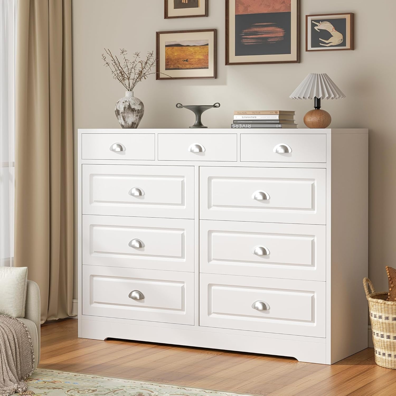 White Contemporary Wooden Dresser With Nine Deep Drawers
