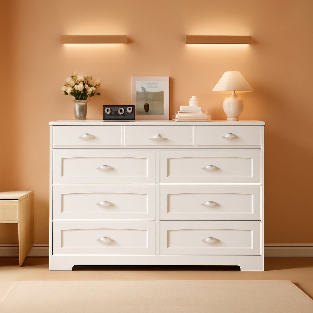 White Contemporary Wooden Dresser With Nine Deep Drawers