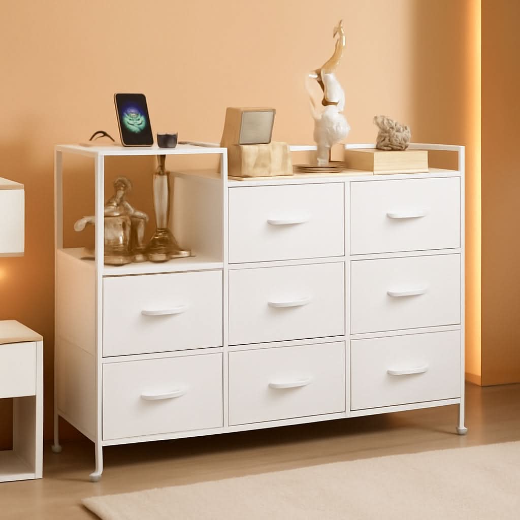 White Dresser TV Stand With Charging Station And Open Shelves 8 Drawers