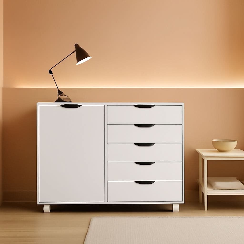 White Dresser With 5 Drawers And Rolling Swivel Wheels