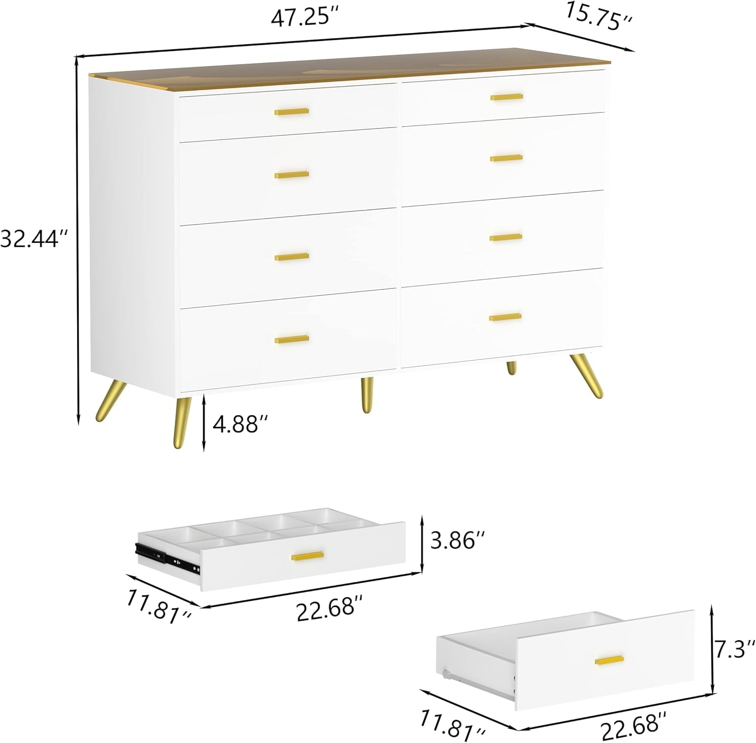 White Dresser With LED Lights 8 Drawers Tempered Glass Top