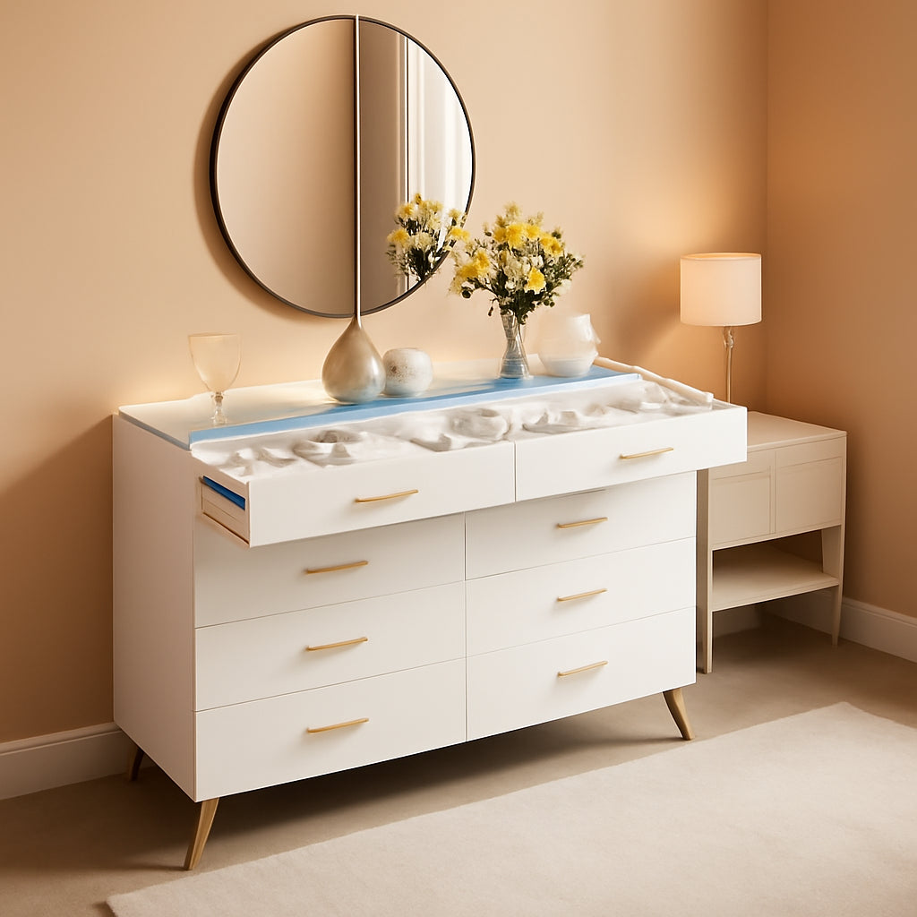 White Dresser With LED Lights 8 Drawers Tempered Glass Top