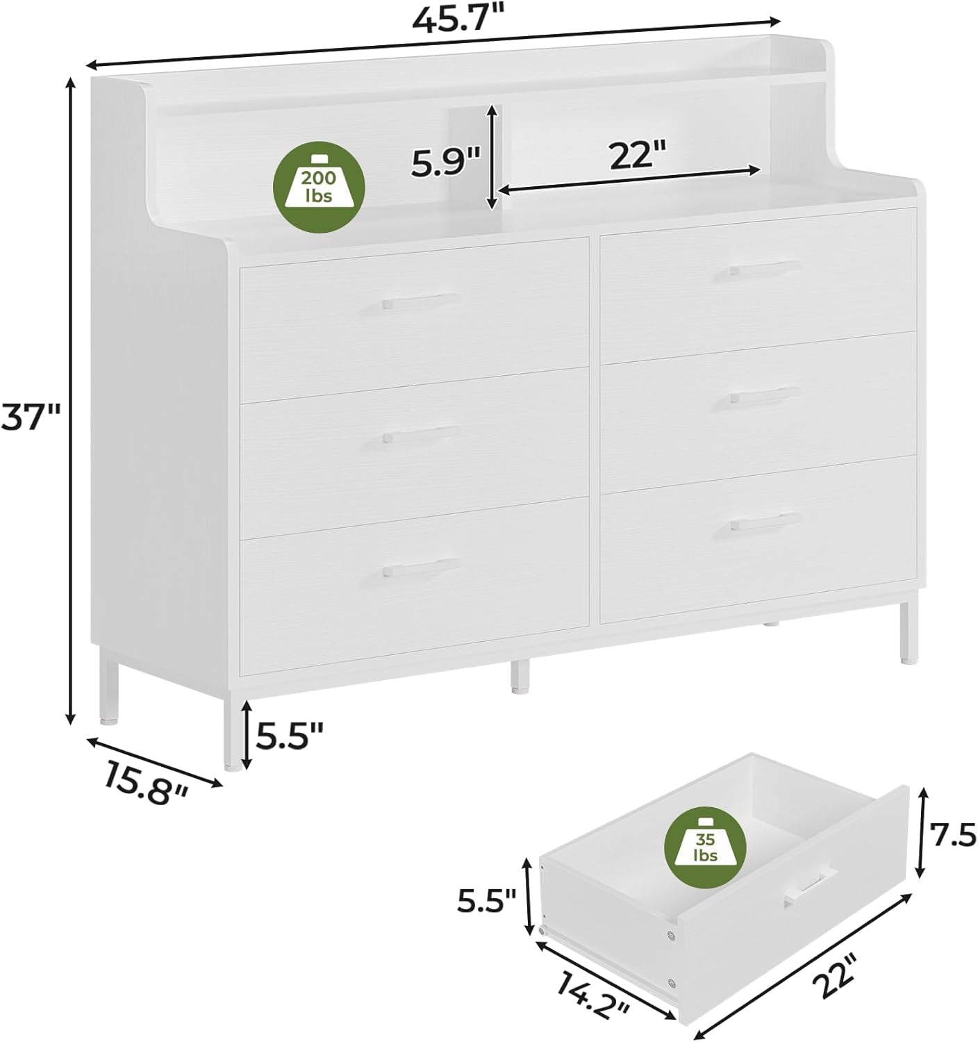 White Dresser With Six Drawers And Storage Shelves