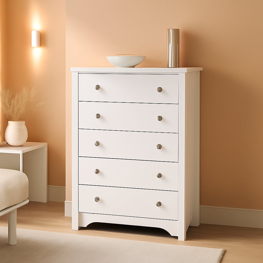 White Five Drawer Bedroom Dresser Chest Modern Storage