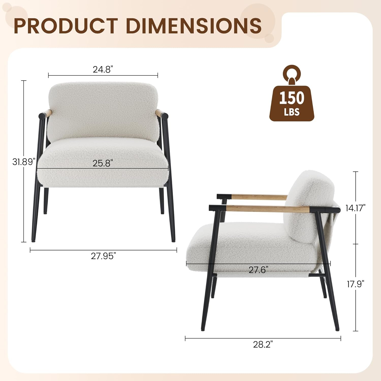 White Modern Accent Chair With Metal Frame And Wood Armrests