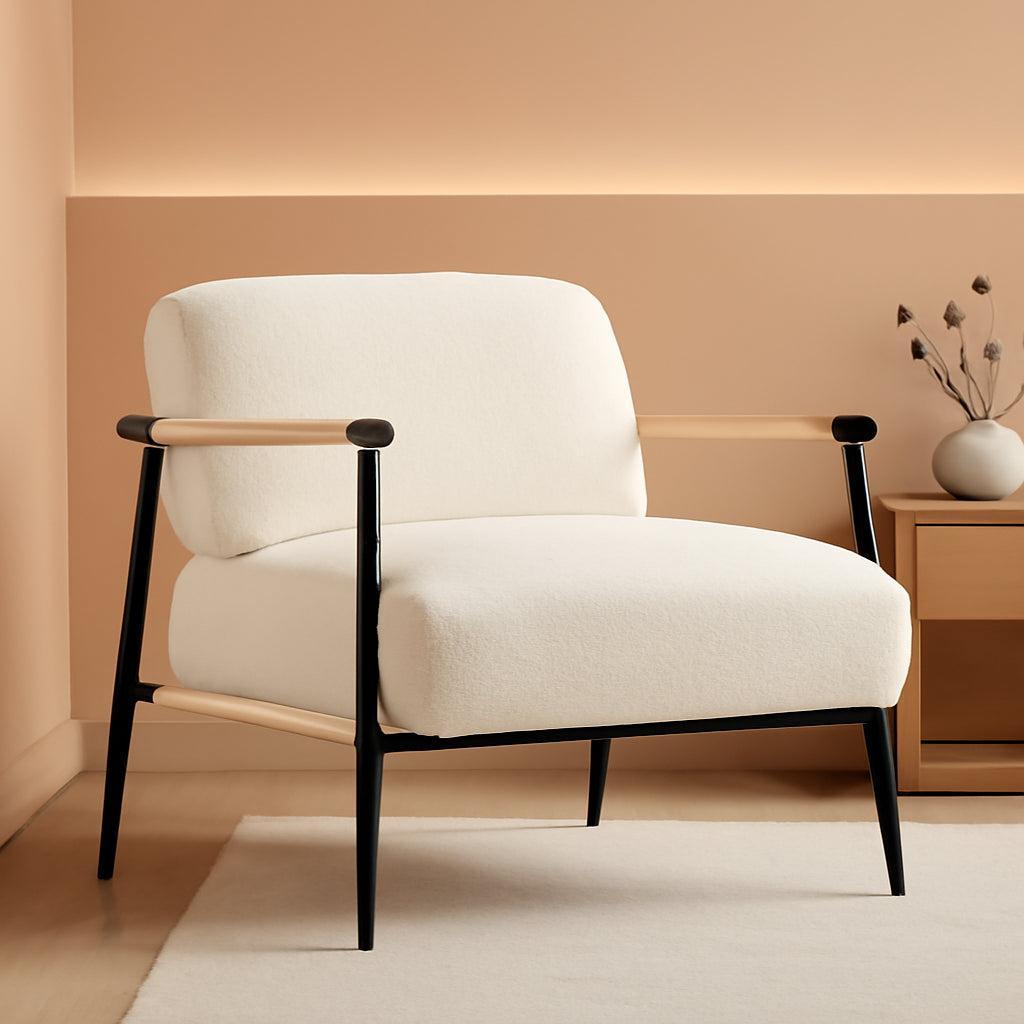 White Modern Accent Chair With Metal Frame And Wood Armrests