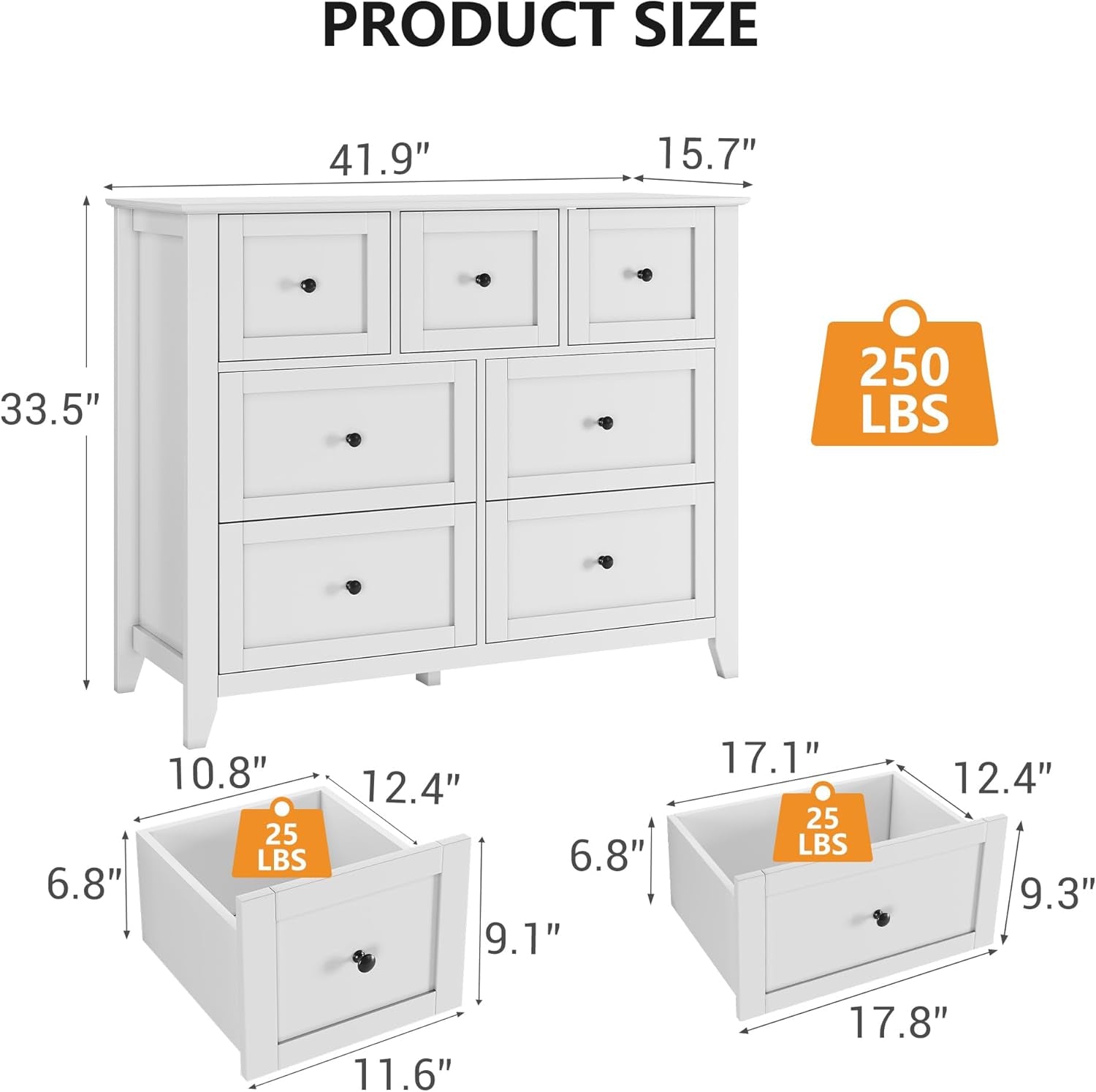 White Modern Seven Drawer Dresser For Bedroom Storage