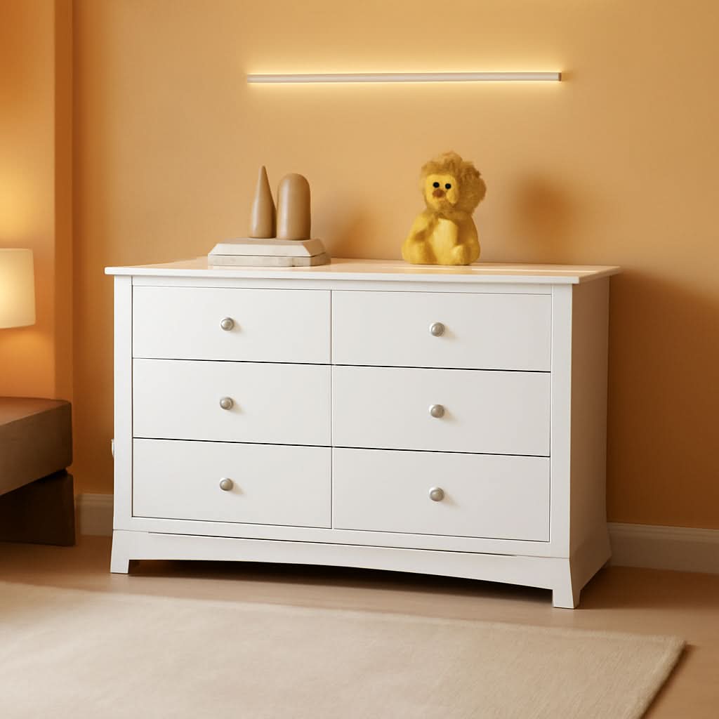 White Six Drawer Dresser for Kids With Safety Restraint Kit