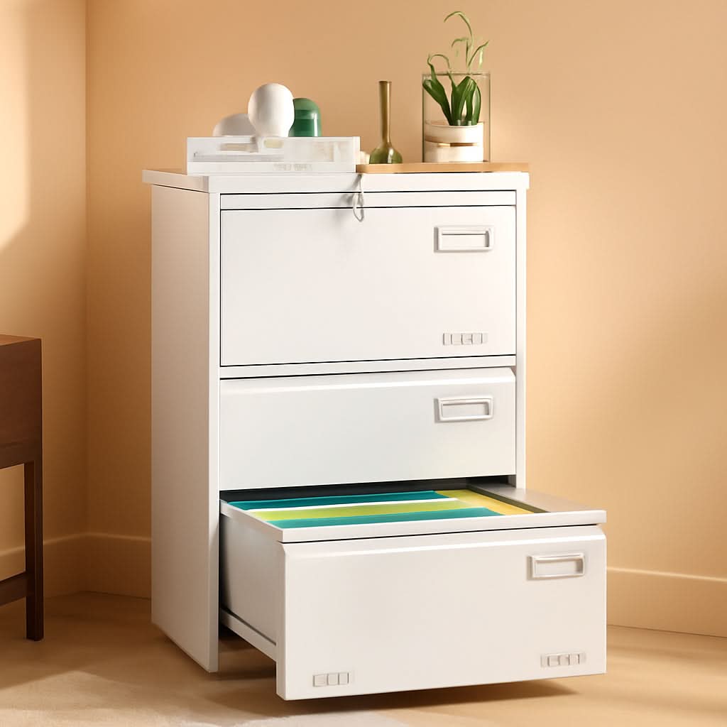 White Steel Lateral File Cabinet 3 Drawer With Lock