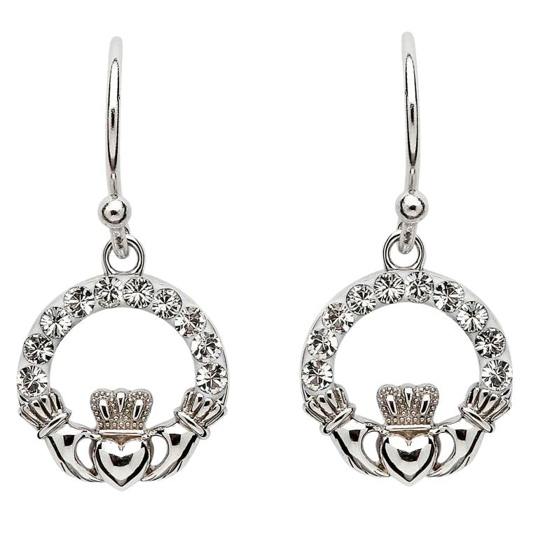 White Swarovski Crystal Claddagh Drop Earrings
