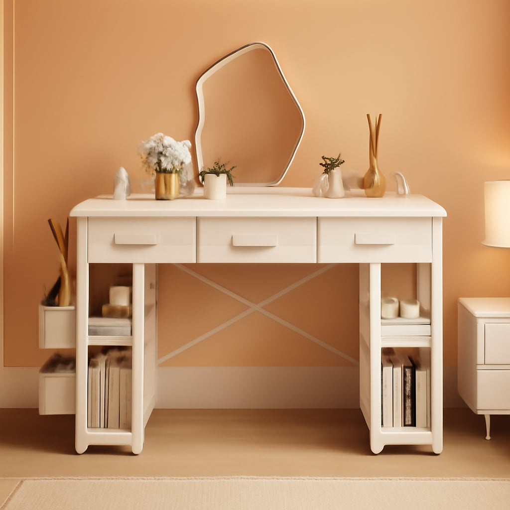 White Vanity Desk With LED Lighting And Fabric Drawers