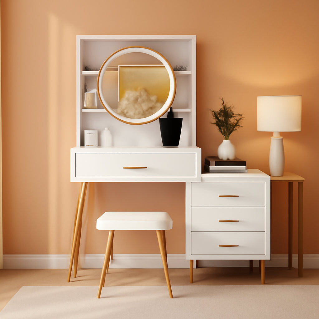White Vanity Desk With Lighted Mirror And 5 Drawers
