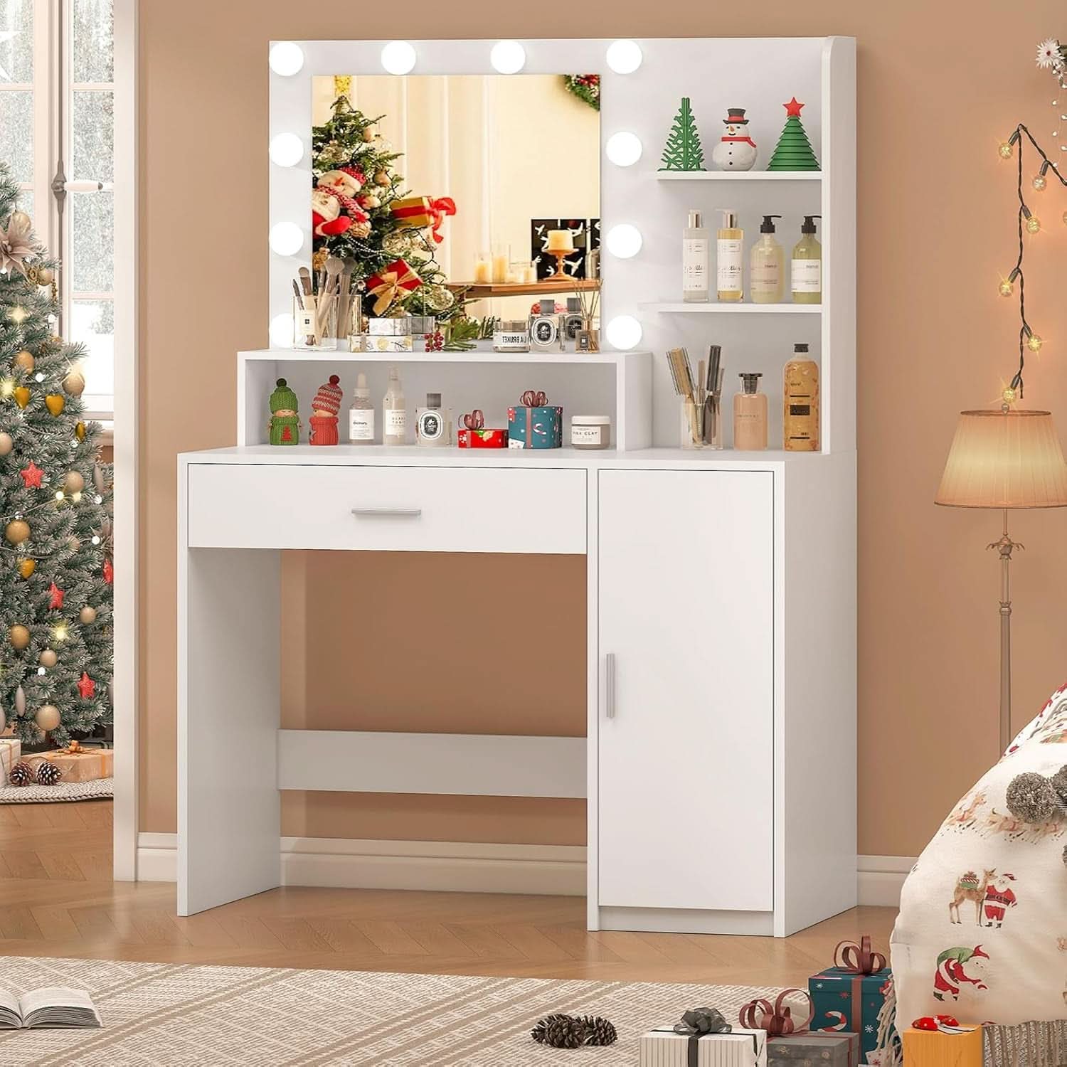White Vanity Desk With Mirror And Lights Storage Drawers
