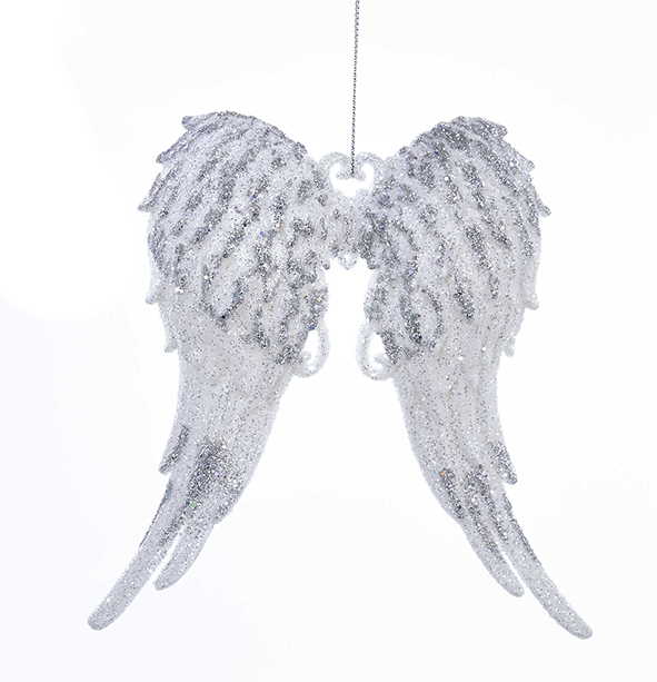 White With Silver Glitter Angel Wings Acrylic Ornament - Dark