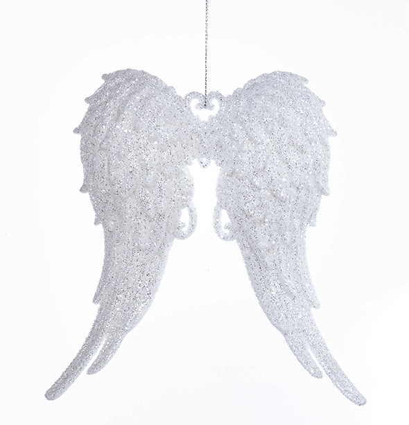 White With Silver Glitter Angel Wings Acrylic Ornament - Light