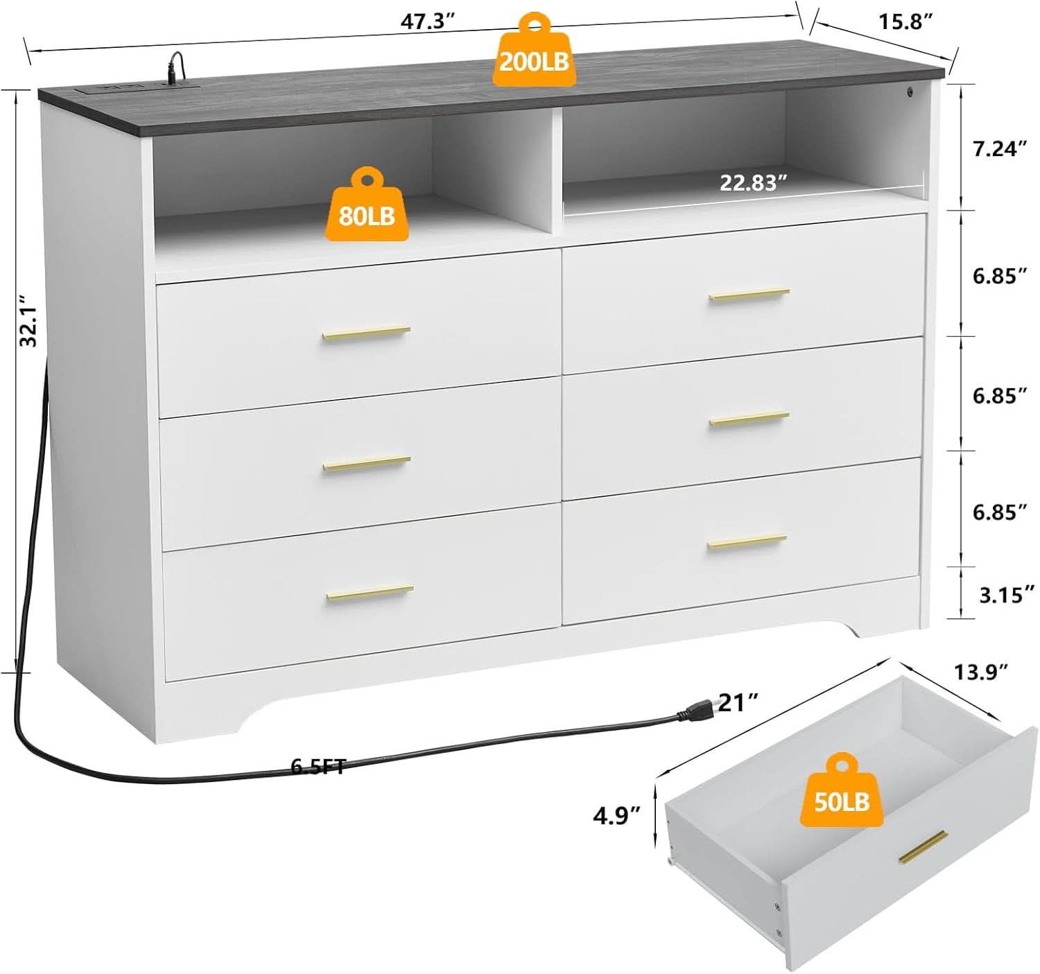 White Wooden Dresser With USB Charge Station For Bedroom