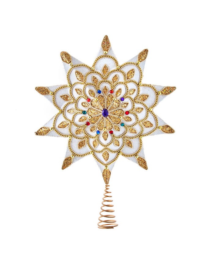 White and Gold Jeweled Star Treetop - 16 Inch