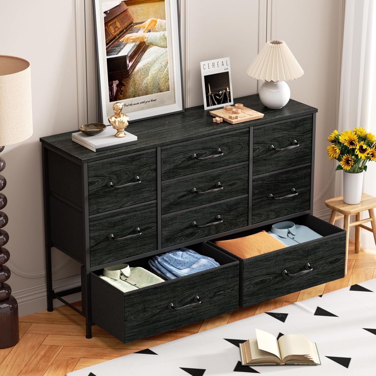 Wide Dresser With 9 Large Drawers For 55 Inch TV Stand Black Oak Metal Frame