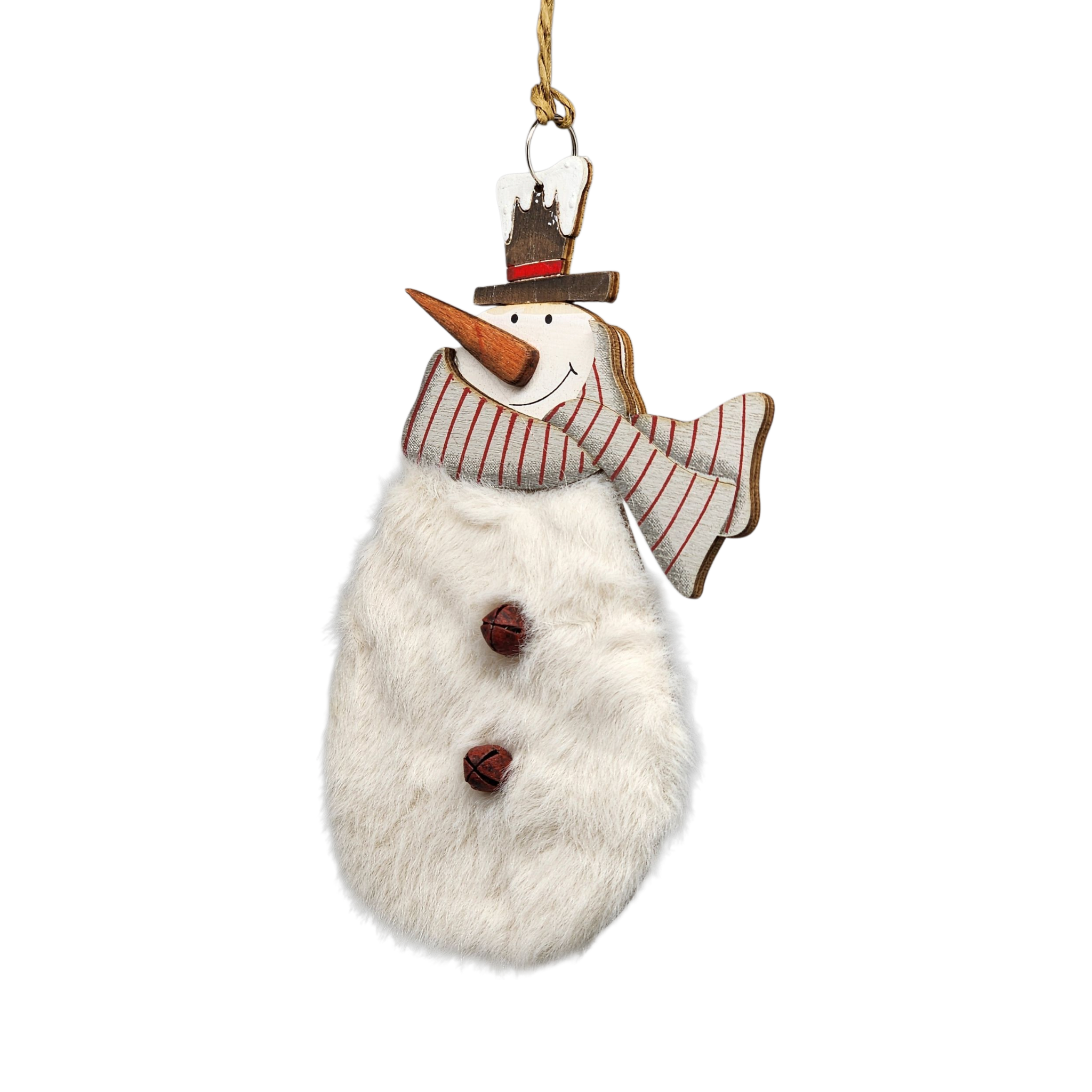 Wood and Fur Snowman Ornament - Grey Scarf and Bowler Hat