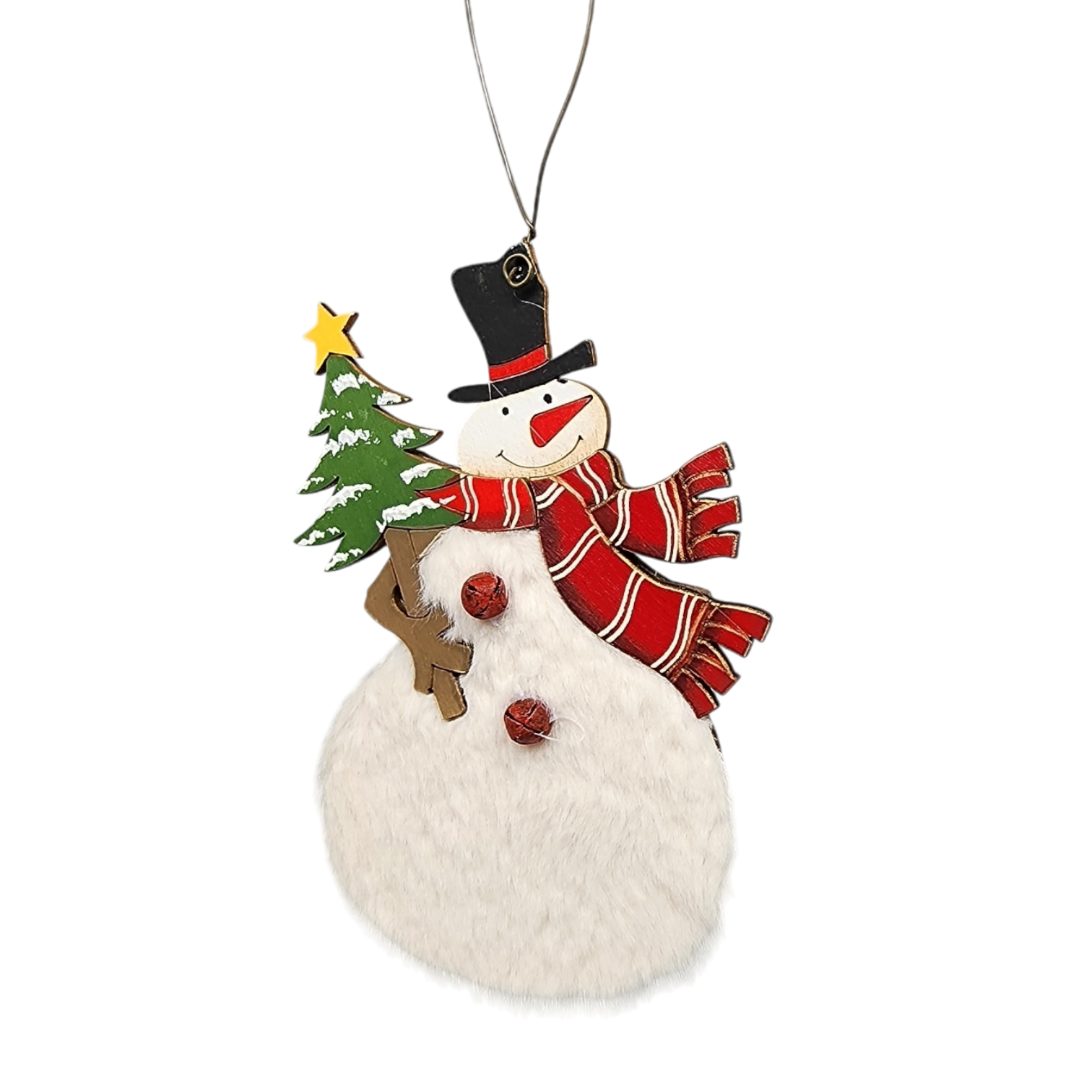Wood and Fur Snowman Ornament - Tophat with Tree