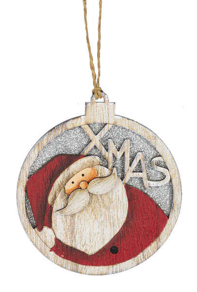Wooden Circle Glittered Ornament - Santa