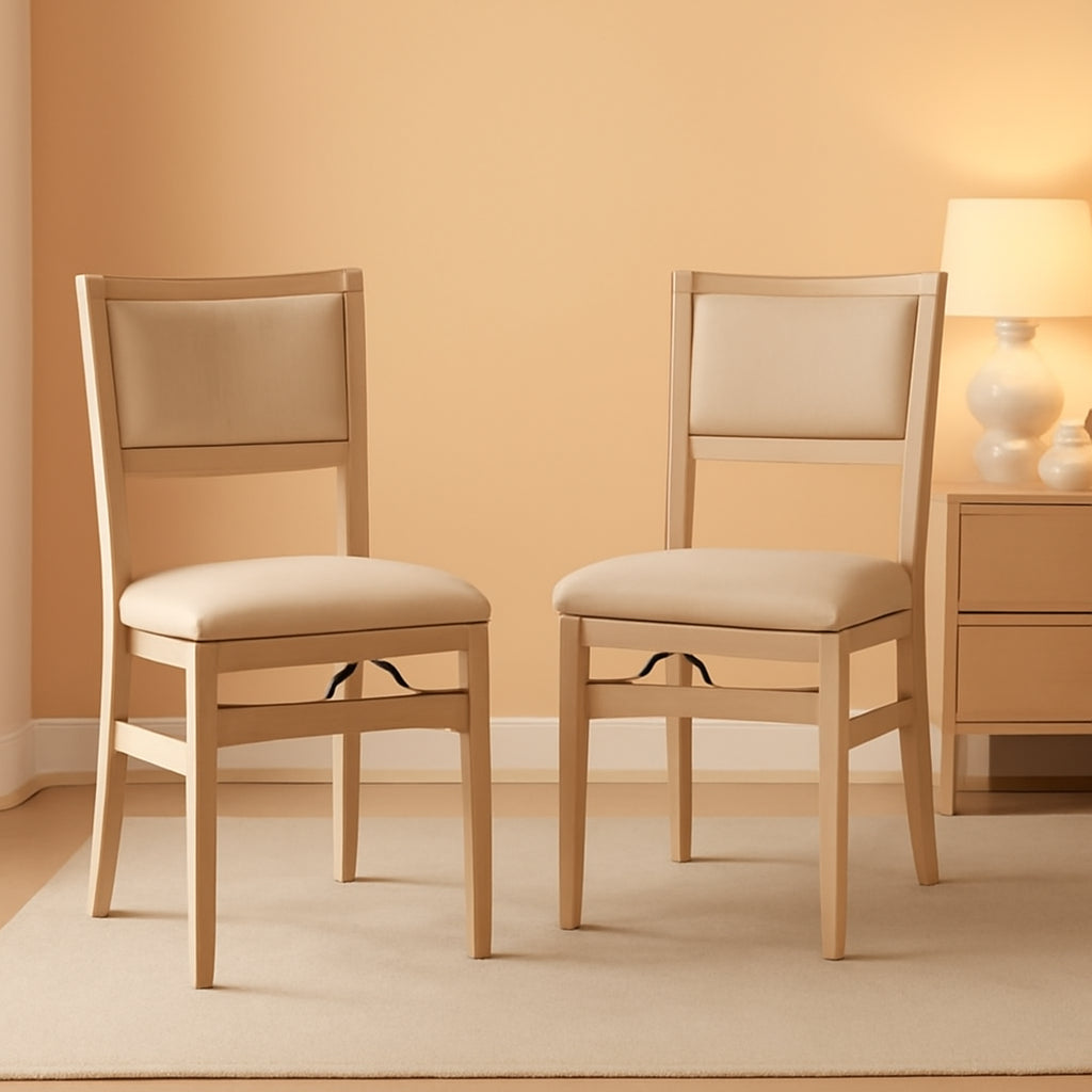 Wooden Folding Chair Set of 2, Dining Height, Beige Upholstery