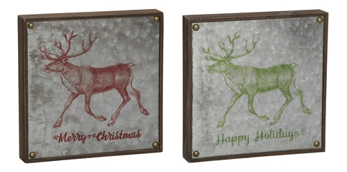 Wooden Framed Galvanized Reindeer Decor Merry Christmas - Red