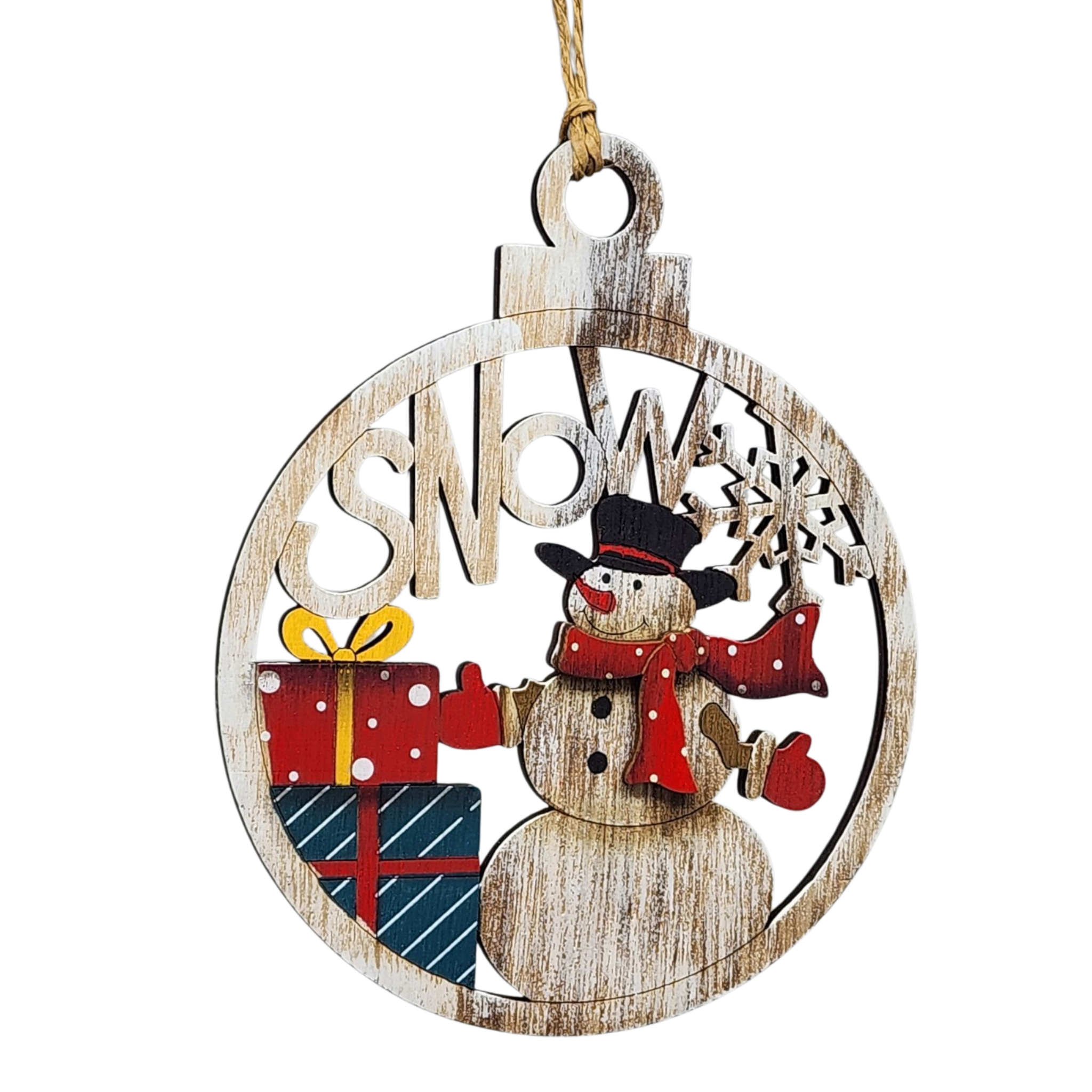 Wooden Ornament - Jolly Snowman with Presents