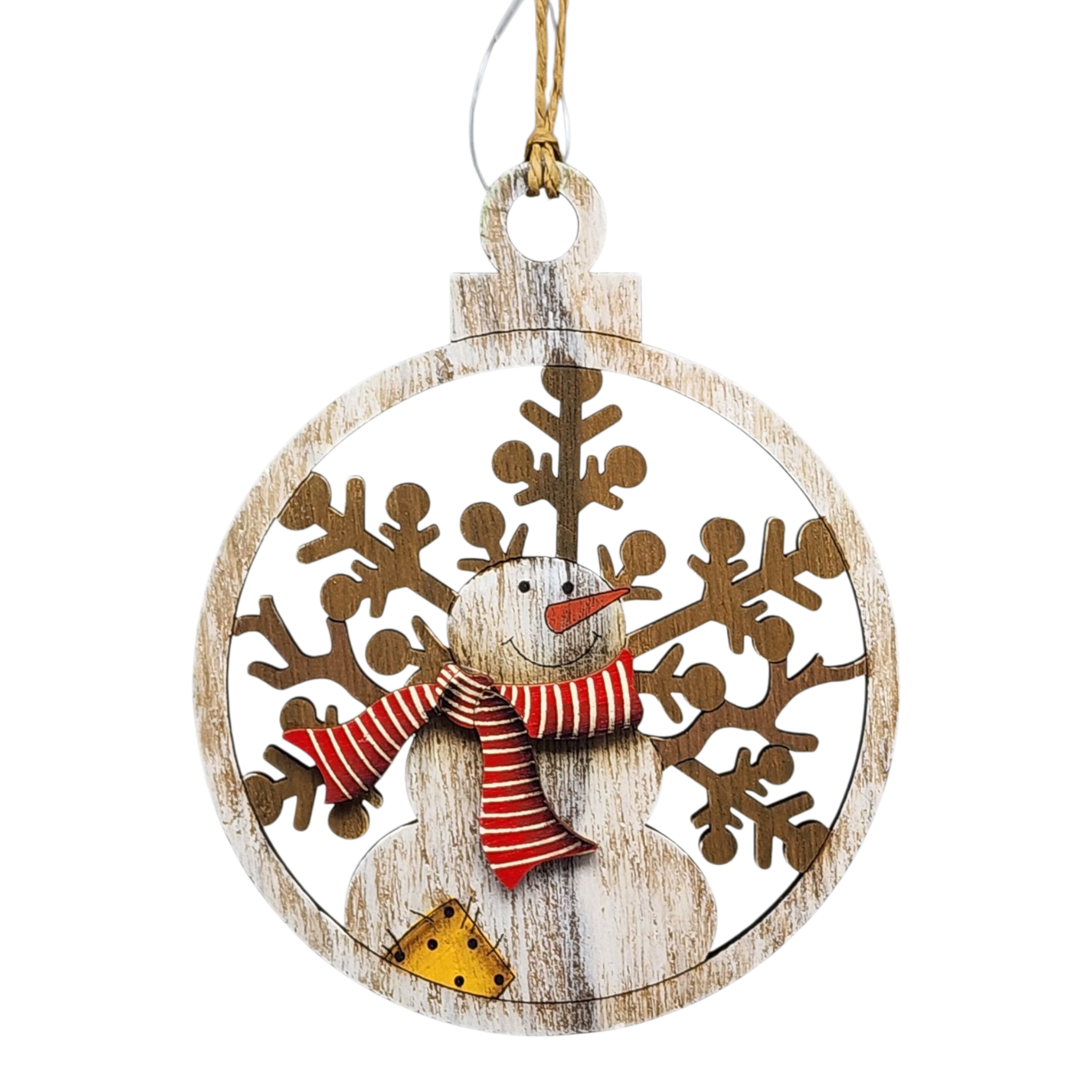 Wooden Ornament - Red Pinstripe Scarf Snowman Ornament