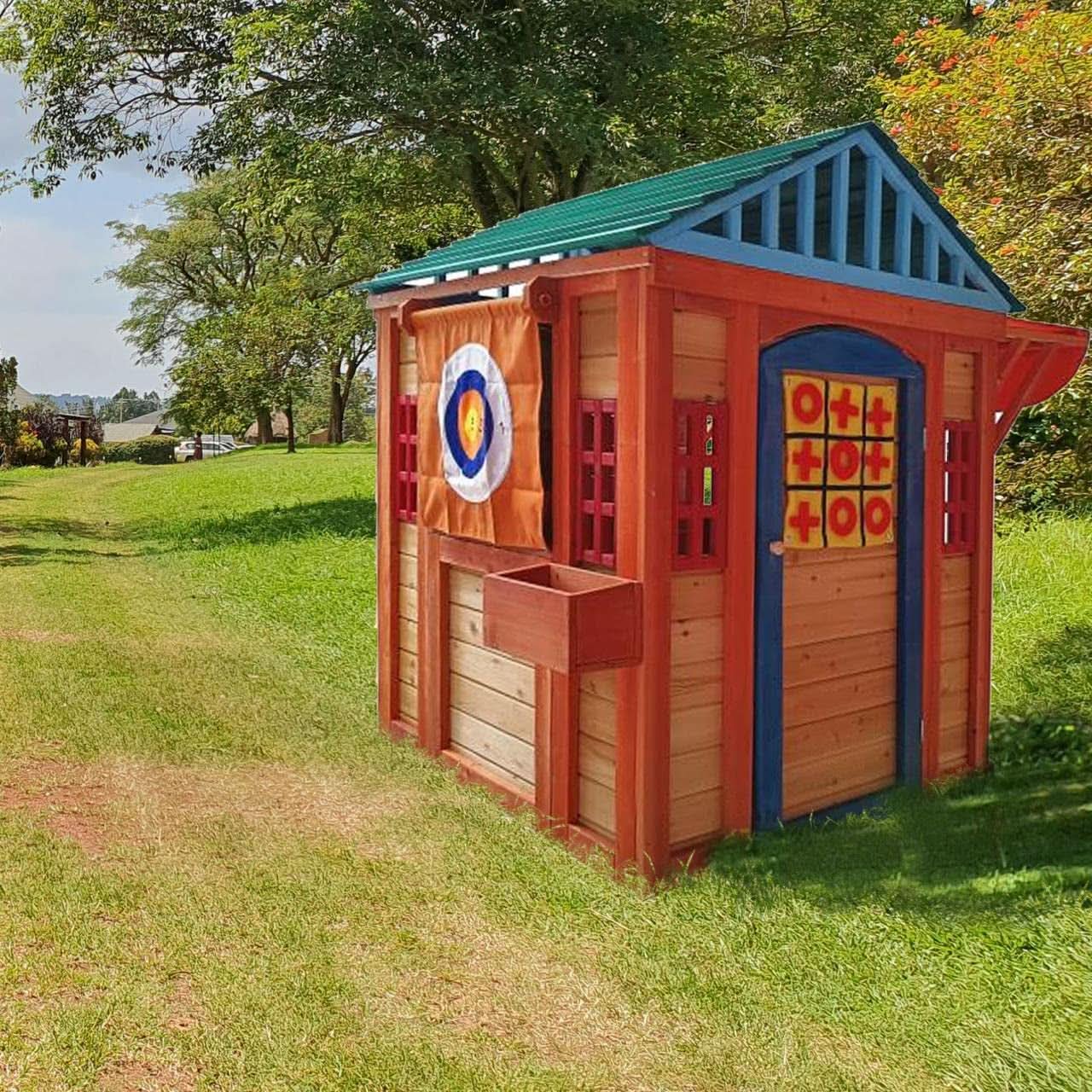 Wooden Outdoor Playhouse With Awning And Ball Wall