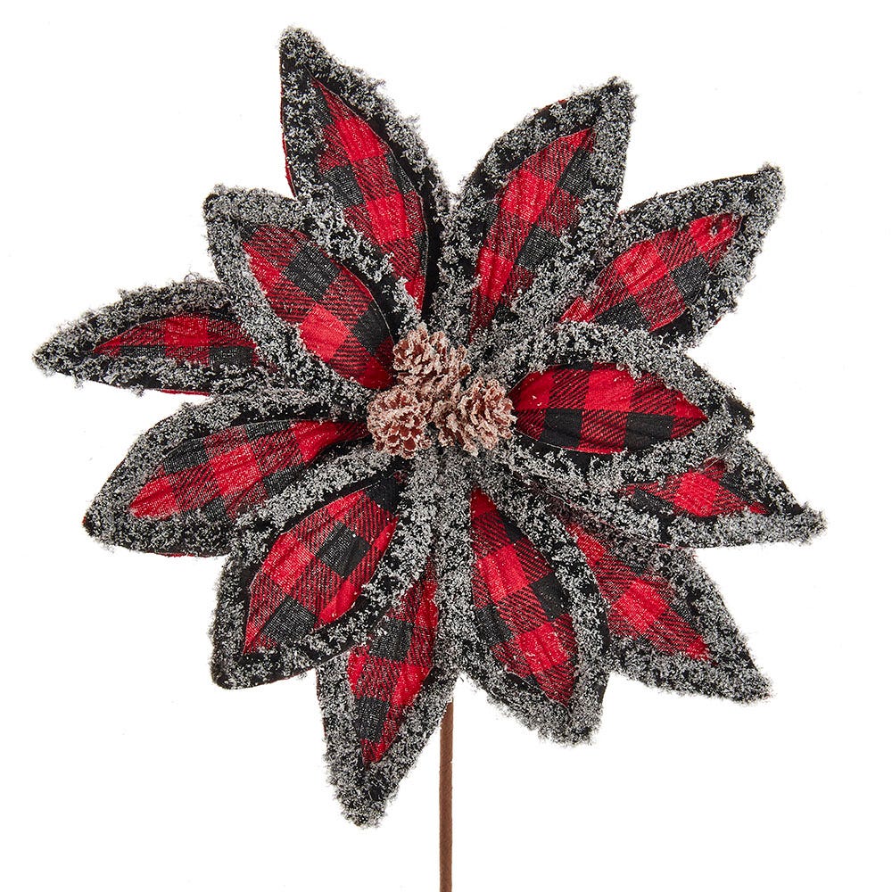 Wool Edged Plaid Poinsettia Pick - 14 Inch