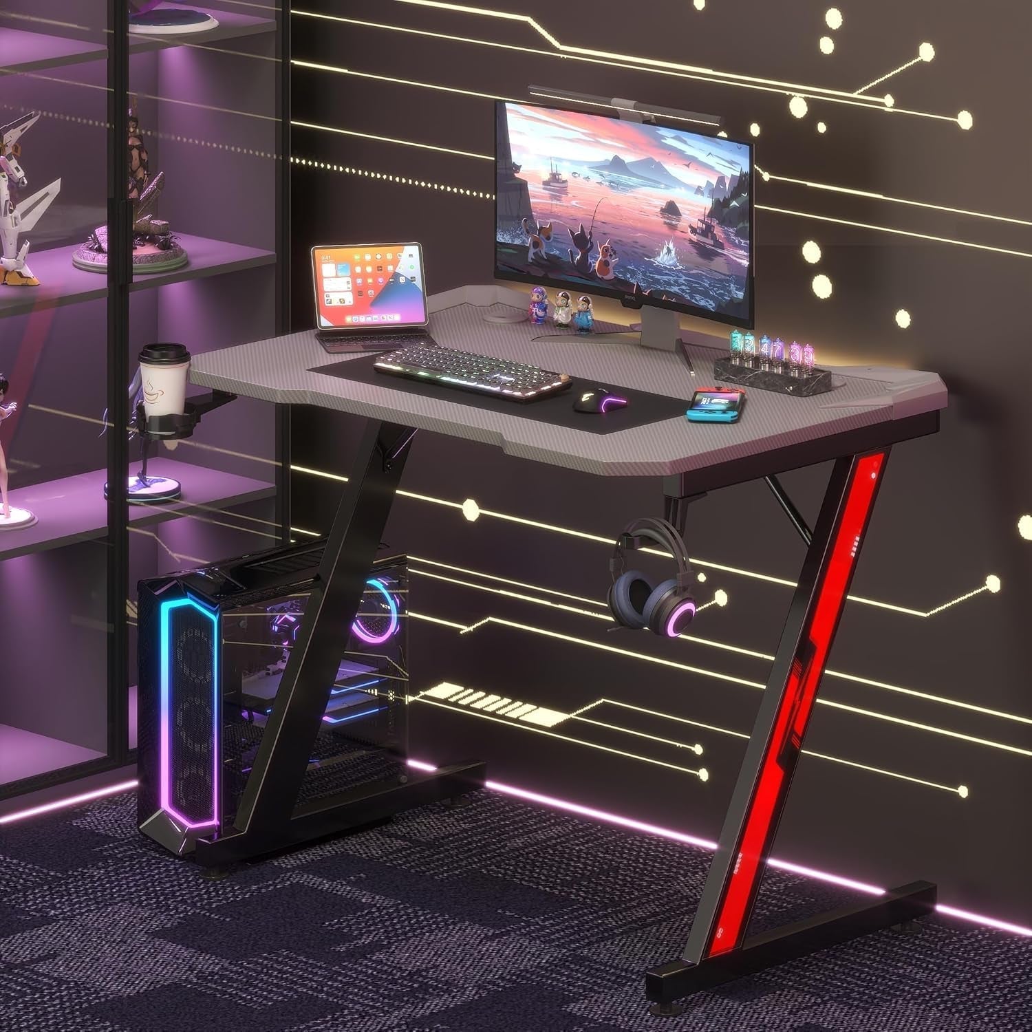 Z Shaped Gaming Desk 32 Inch With Carbon Fiber Surface
