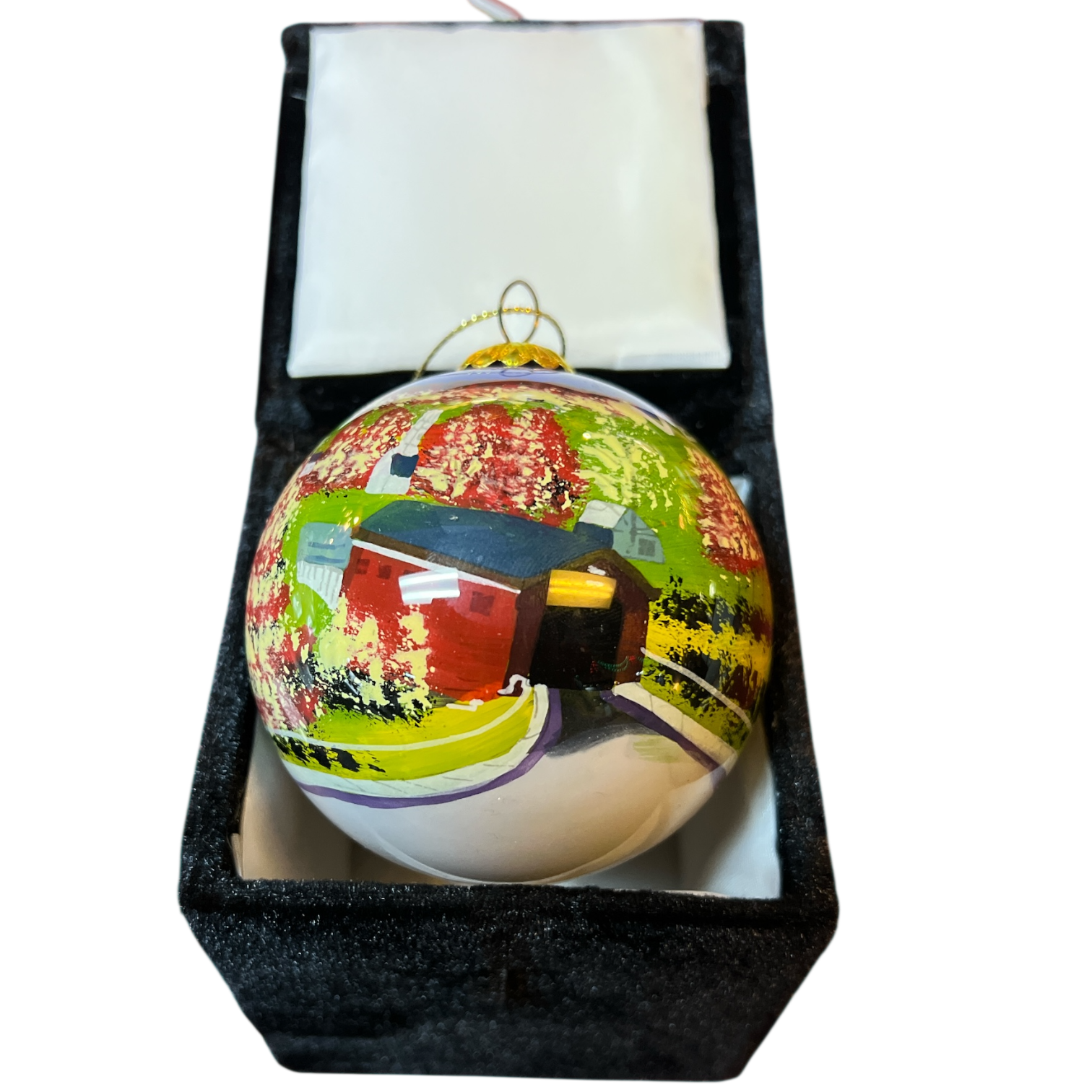 Hand Painted Glass Globe Ornament - A Vermont Covered Bridge