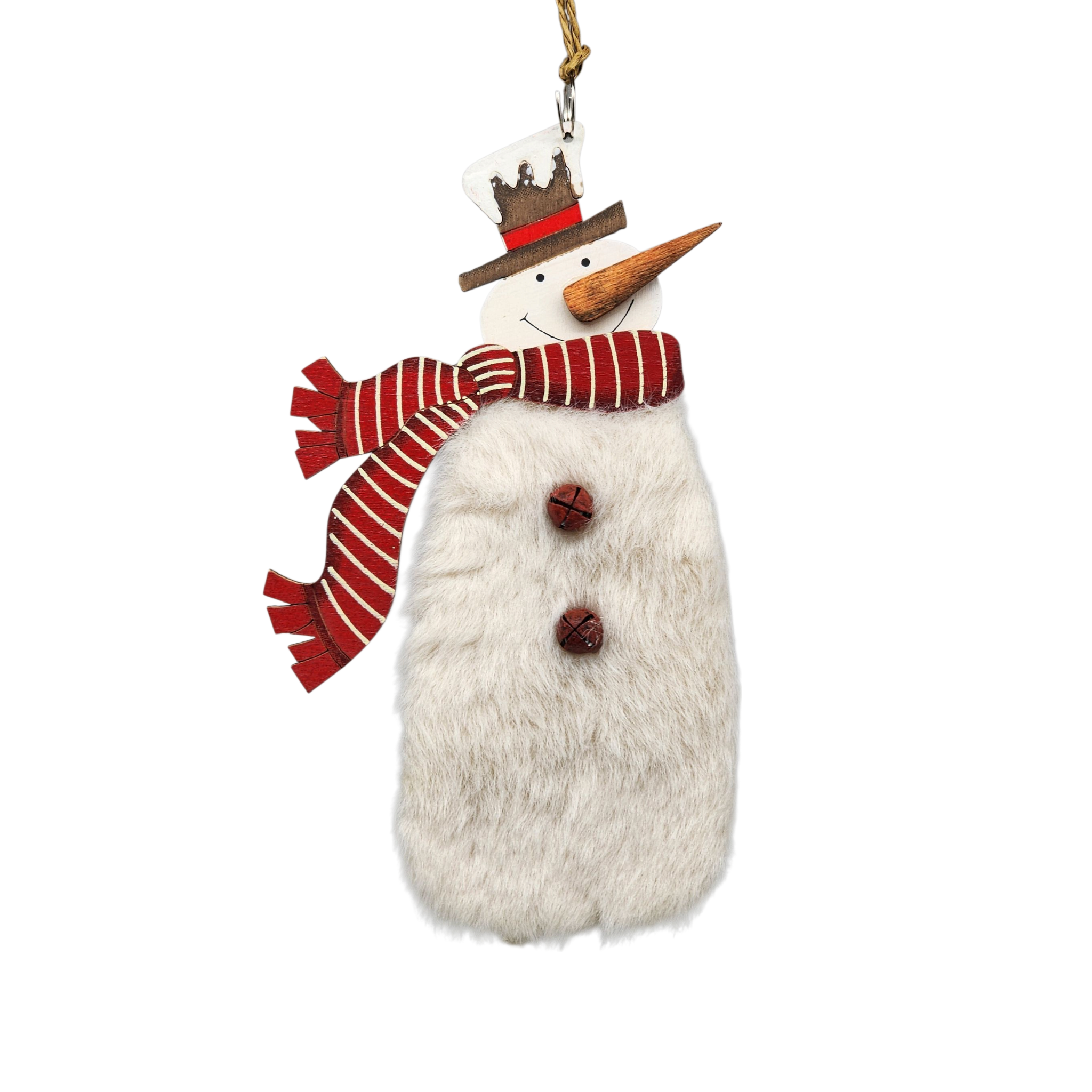 Wood and Fur Snowman Ornament - Red Scarf and Bowler Hat