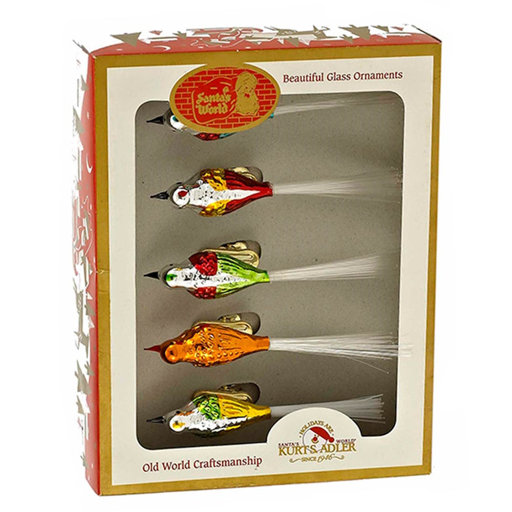 Colorful Glass Bird Clip-On Ornaments - 5 Piece Set