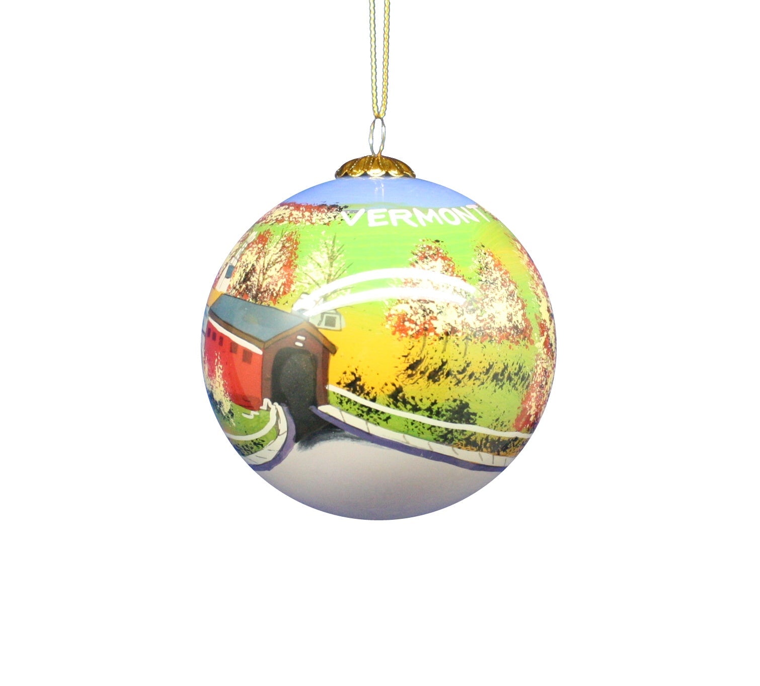 Hand Painted Glass Globe Ornament - A Vermont Covered Bridge