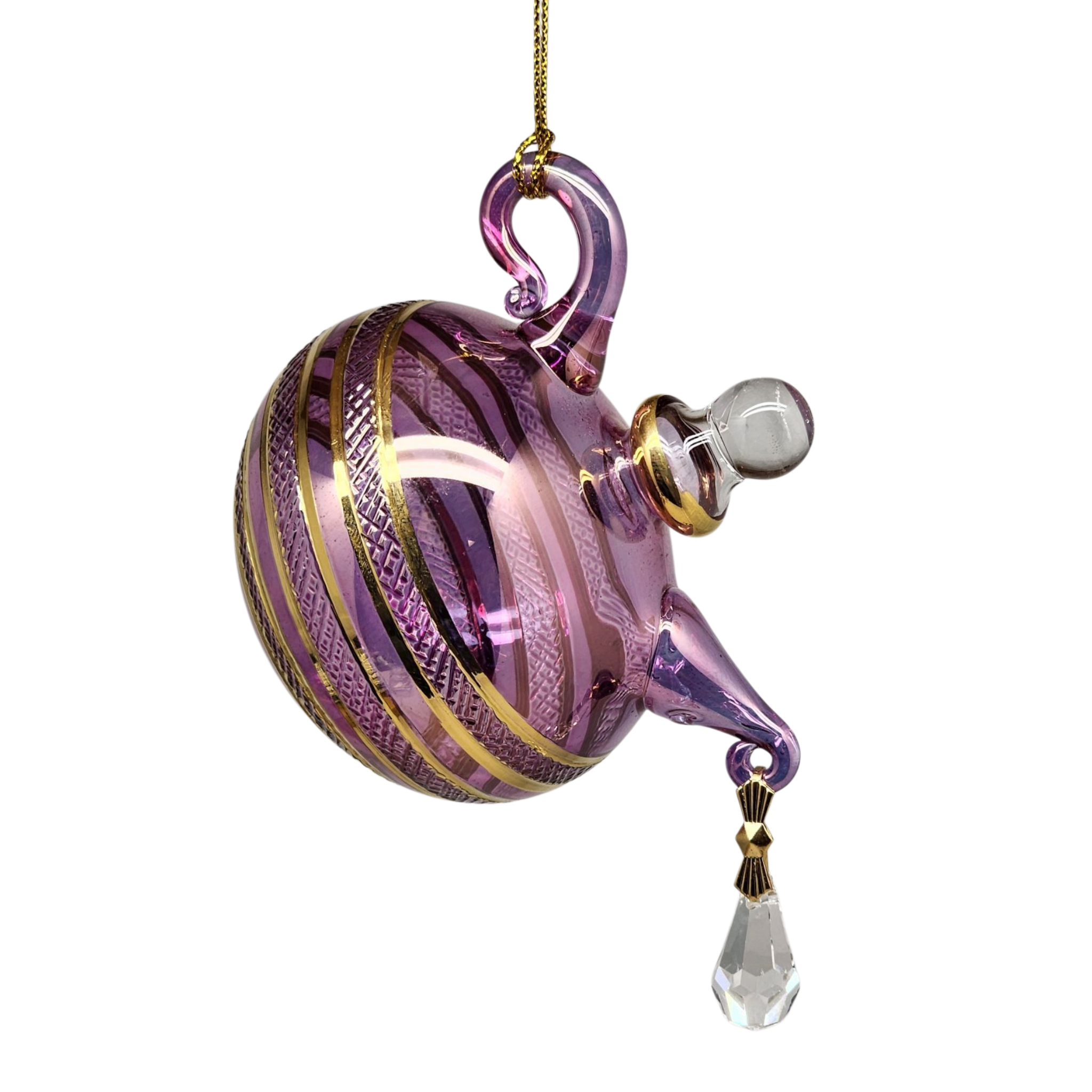 Glass Teapot with Crystal 'droplet' Ornament - Purple