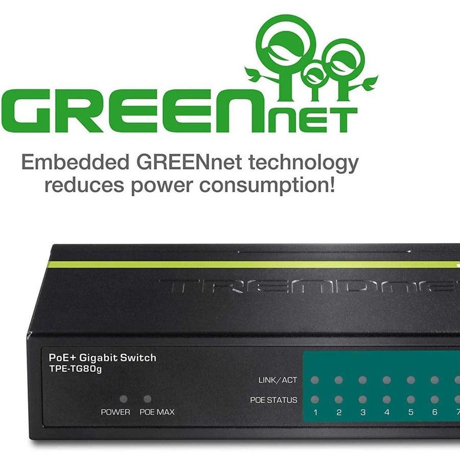 8-Port Gigabit GREENnet PoE+ Switch - TRENDnet TPE-TG80g
