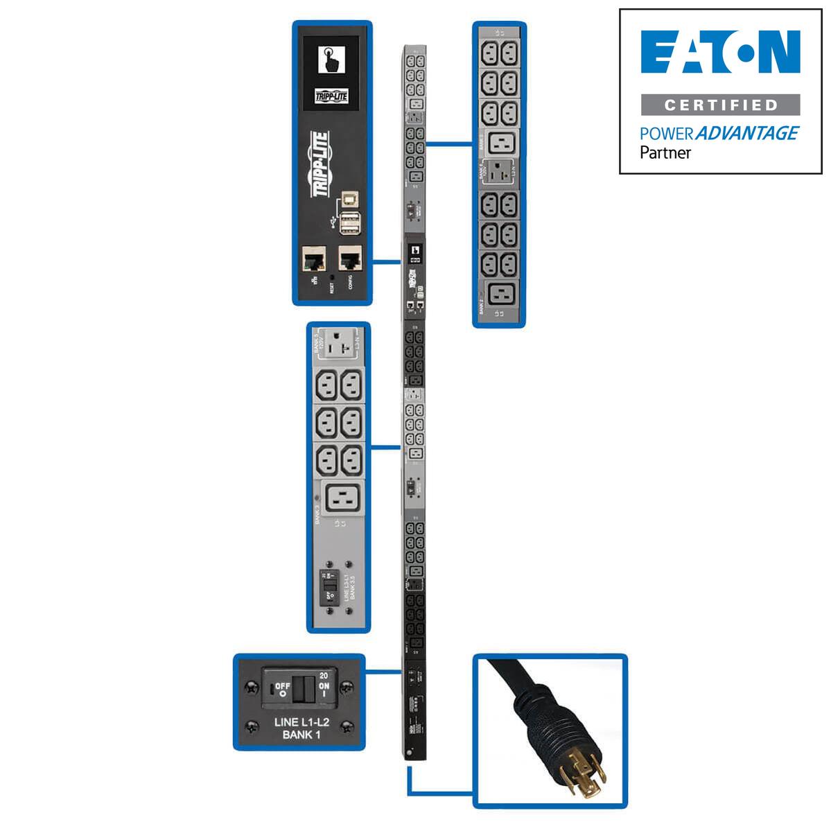 8.6kW Monitored PDU 3-Phase - Smart Power Distribution Unit with LX Platform | TecISoft PDU3EVN6L2130
