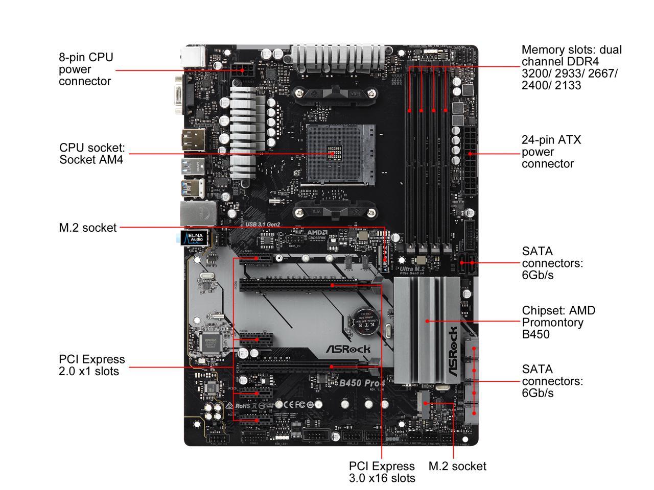 Asrock B450 Pro4 Am4 Amd Promontory B450 Sata 6Gb/S Atx Amd Motherboard