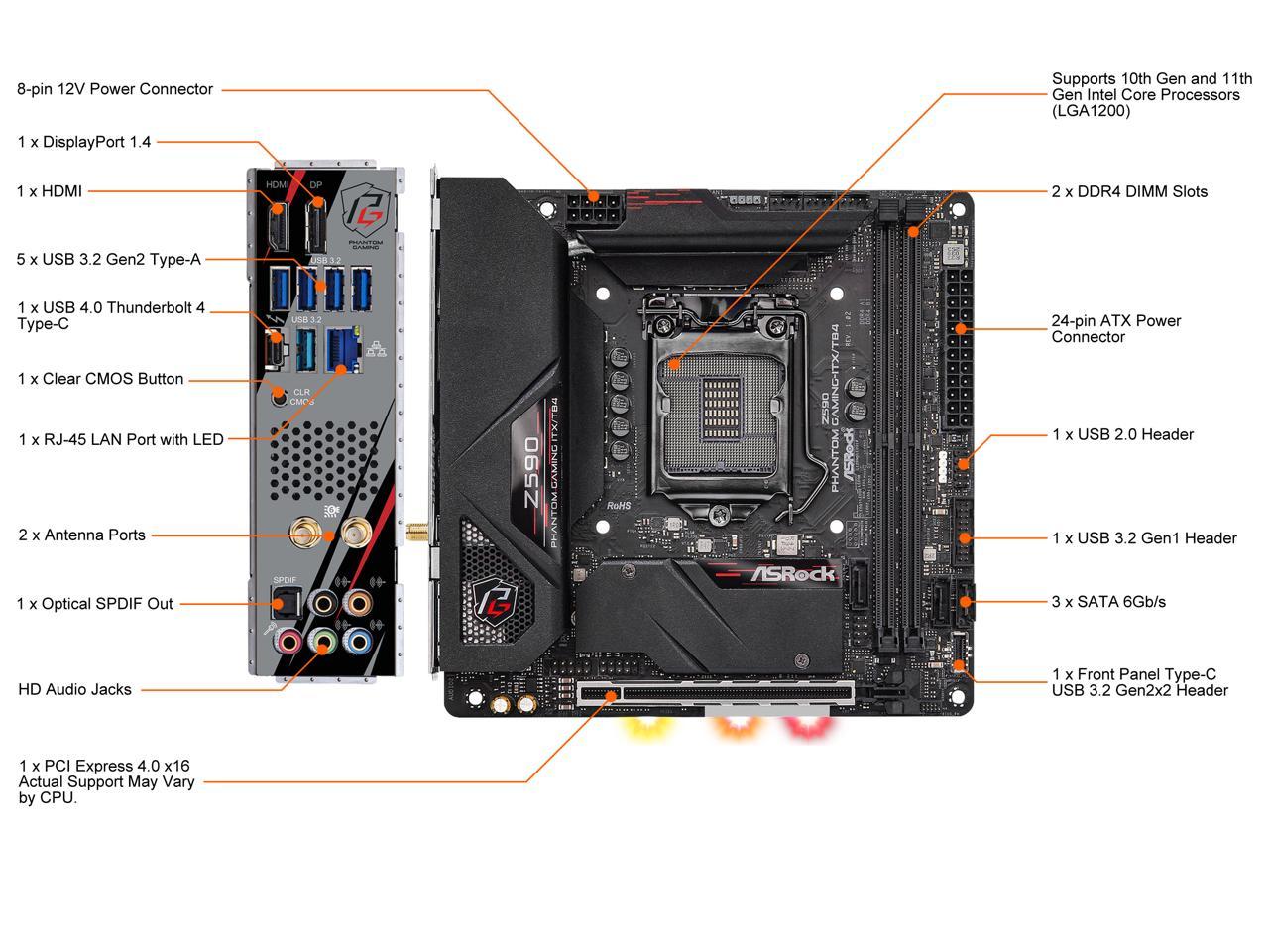 Asrock Z590 Phantom Gaming-Itx/Tb4 Lga 1200 Intel Z590 Sata 6Gb/S Mini Itx Intel Motherboard