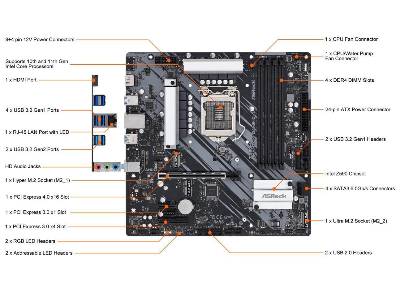 Asrock Z590M Phantom Gaming 4 Lga 1200 Intel Z590 Sata 6Gb/S Micro Atx Intel Motherboard