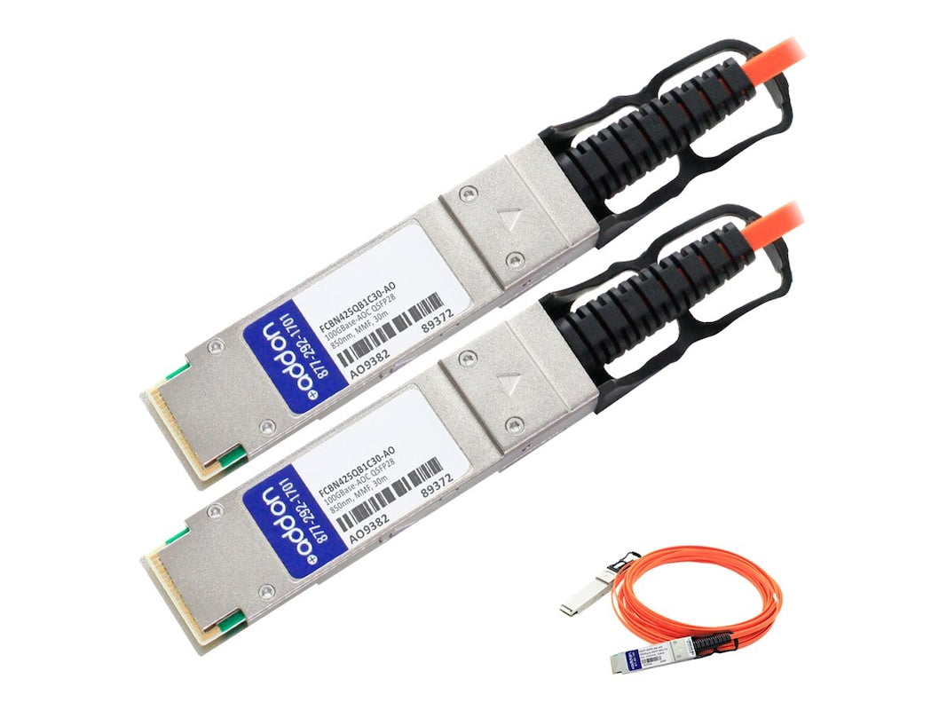 AddOn Finisar FCBN425QB1C30 Compatible TAA Compliant 100GBase-AOC QSFP28 to QSFP28 Direct Attach Cable (850nm, MMF, 30m) FCBN425QB1C30-AO