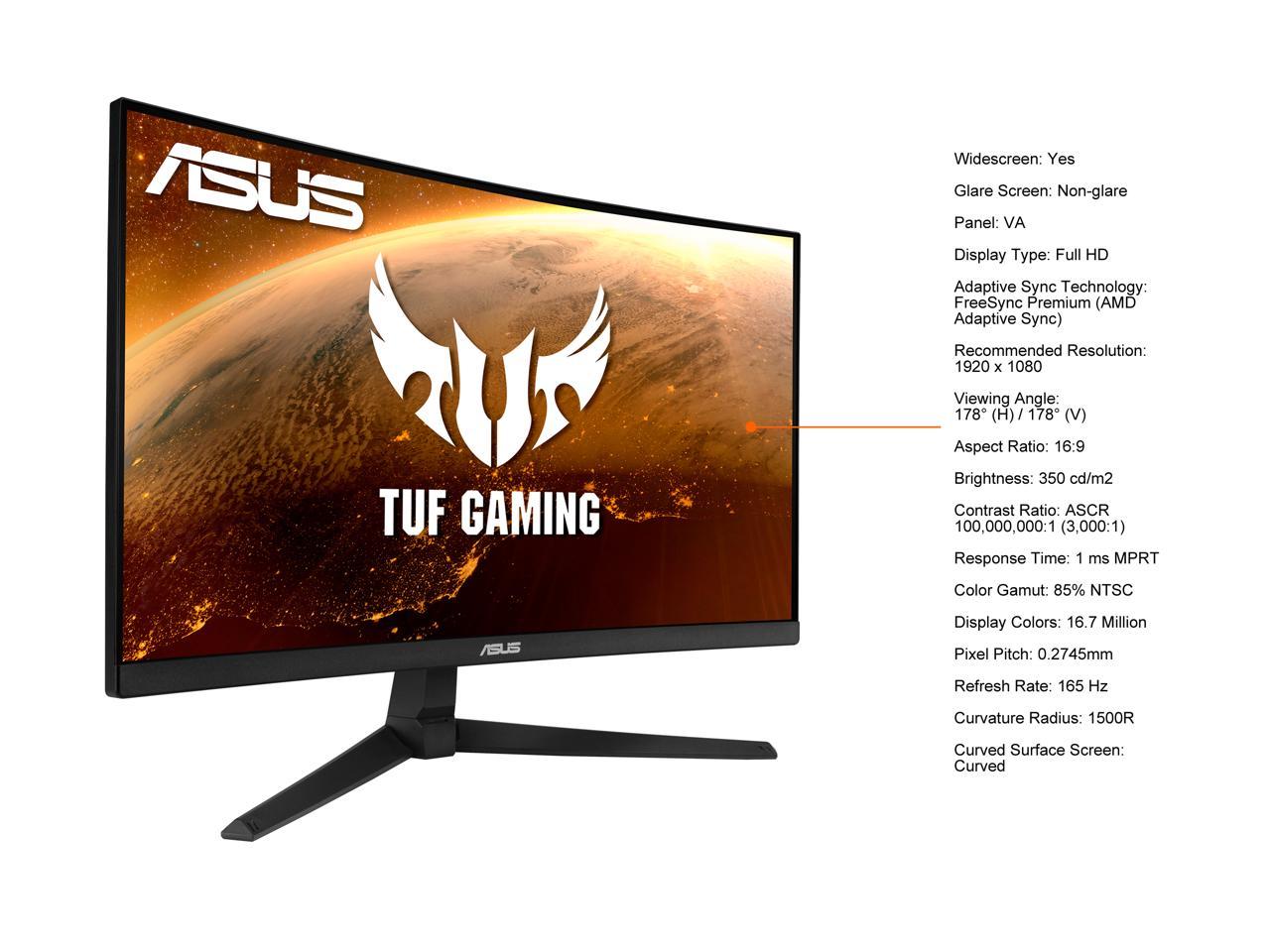 Asus Tuf Gaming Vg24Vq1B 23.8 Inch 3000:1 1Ms Hdmi/Displayport/Earphone Jack Led Non-Glare Curved Gaming Monitor W/ Speakers
