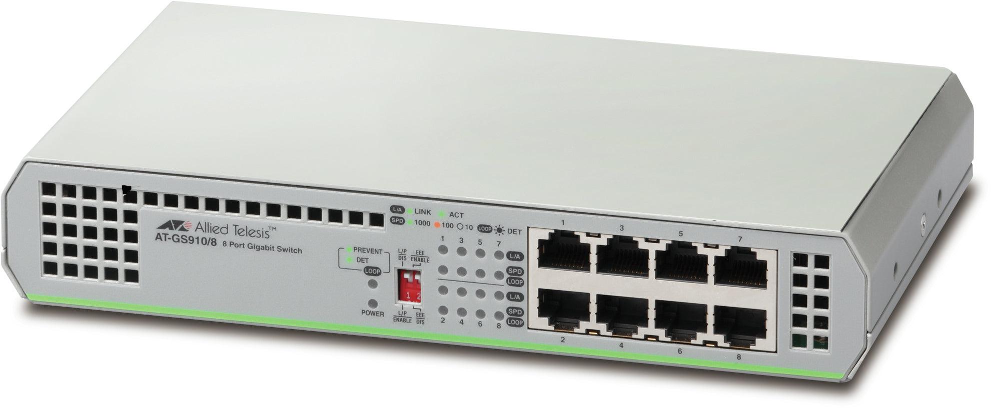 Desktop Ethernet Switch - Fanless 8 Port Gigabit Network Hub | Allied Telesis AT-GS910/8-10