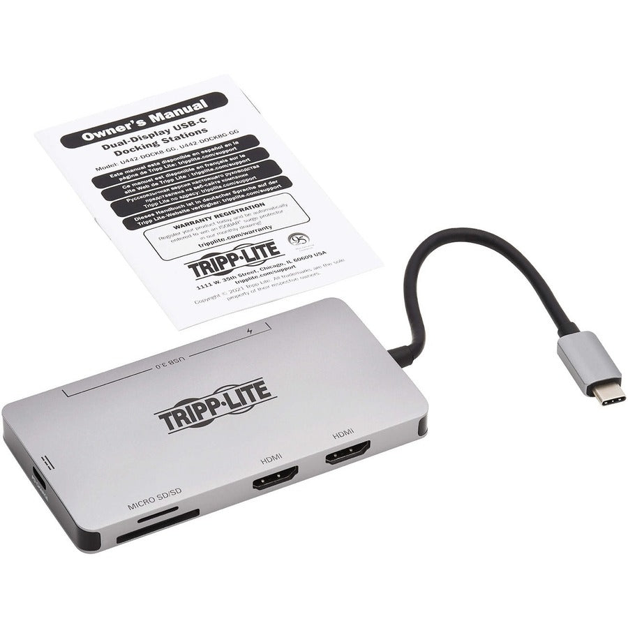 Eaton Tripp Lite Series USB-C Dock, Dual Display - 4K 60 Hz HDMI, USB 3.x (5Gbps) Hub Ports, Memory Card, 100W PD Charging, Gray U442-DOCK8-GG