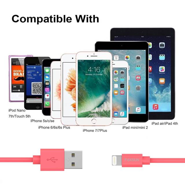 Foxsun Am001003 Iphone Charging Cable 3.3 Ft/1M Lightning Cable For Iphone 7/7Plus/6/6Plus/6S/6S Plus/5/5S/5C/Se, Ipad Pro/Air/Mini (Red)